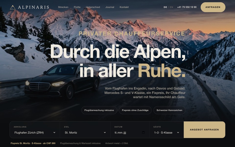 Website alpinaris.ch, Chauffeurservice mit Mercedes S- und V-Klasse