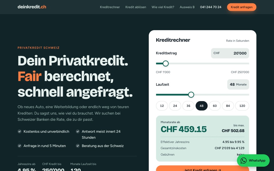 Startseite von deinkredit.ch mit Kreditrechner