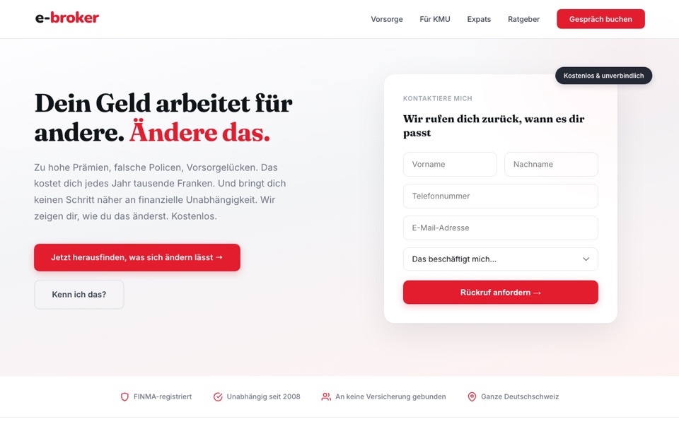 Startseite von e-broker.ch mit Rückrufformular