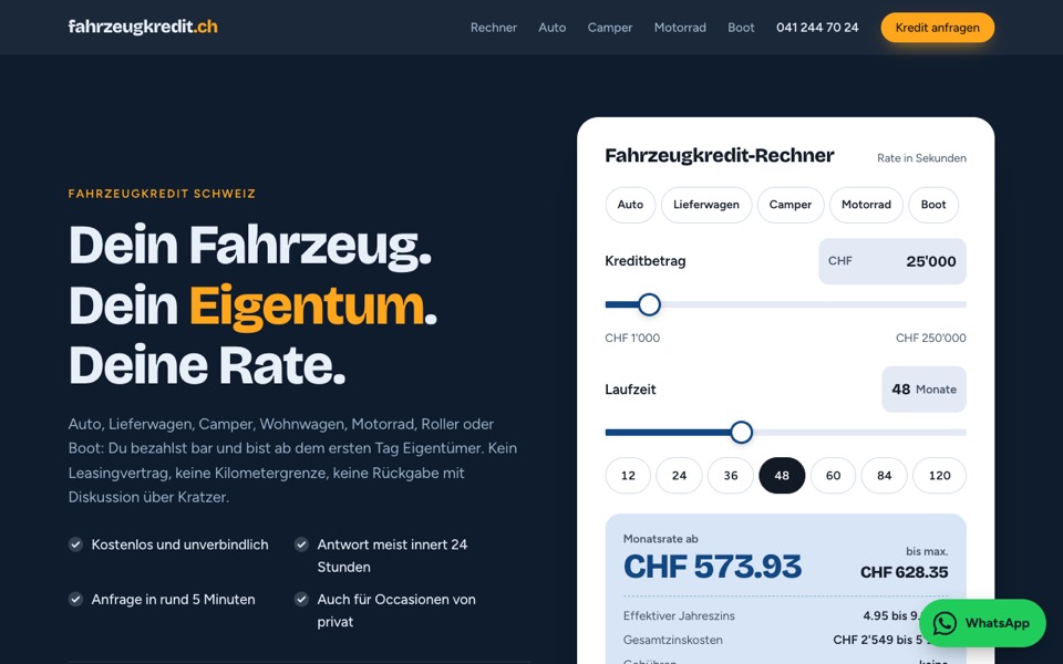 Startseite von fahrzeugkredit.ch mit Vergleichsrechner