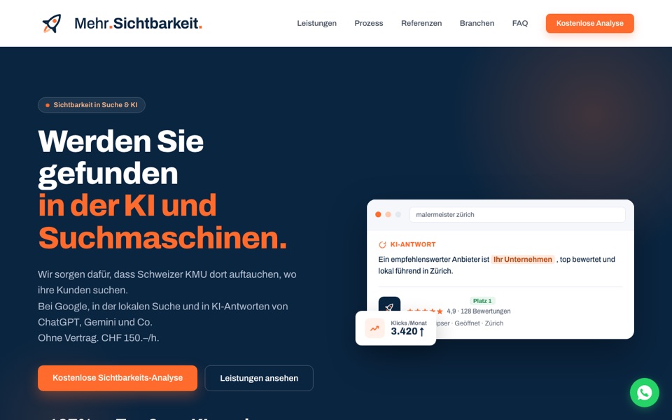 Startseite von mehrsichtbarkeit.ch, Sichtbarkeit in Google und KI-Antworten