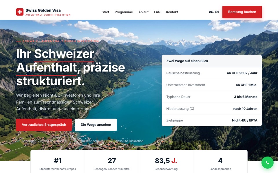Website swissgoldenvisa.com, Aufenthalt in der Schweiz durch Investition