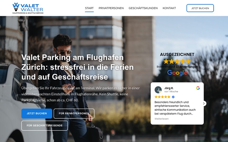Website von Valet Walter, Valet Parking am Flughafen Zürich