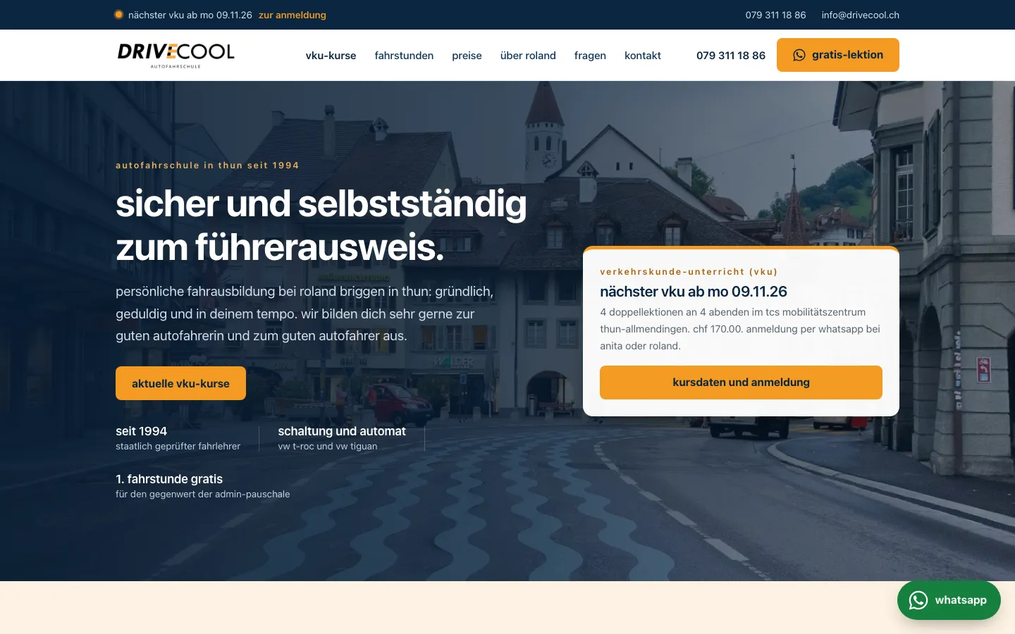 Website der Fahrschule drive cool in Thun, Desktop-Ansicht